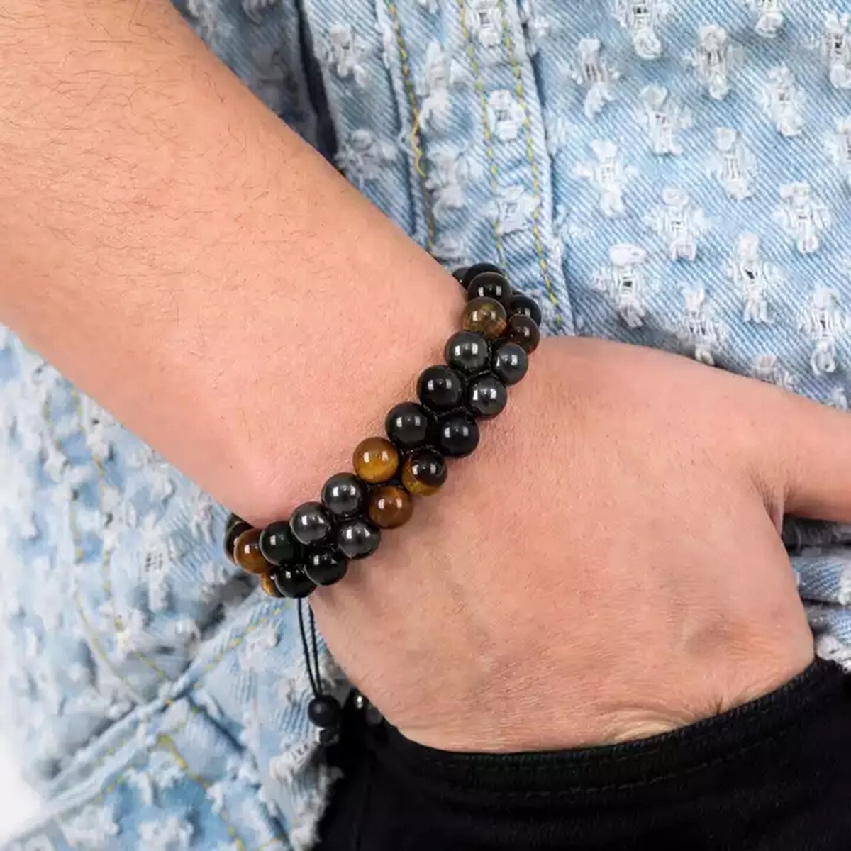 Triple Protection Bracelet Obsidian Hematite Tiger Eye 8mm Healing Crystal Beads
