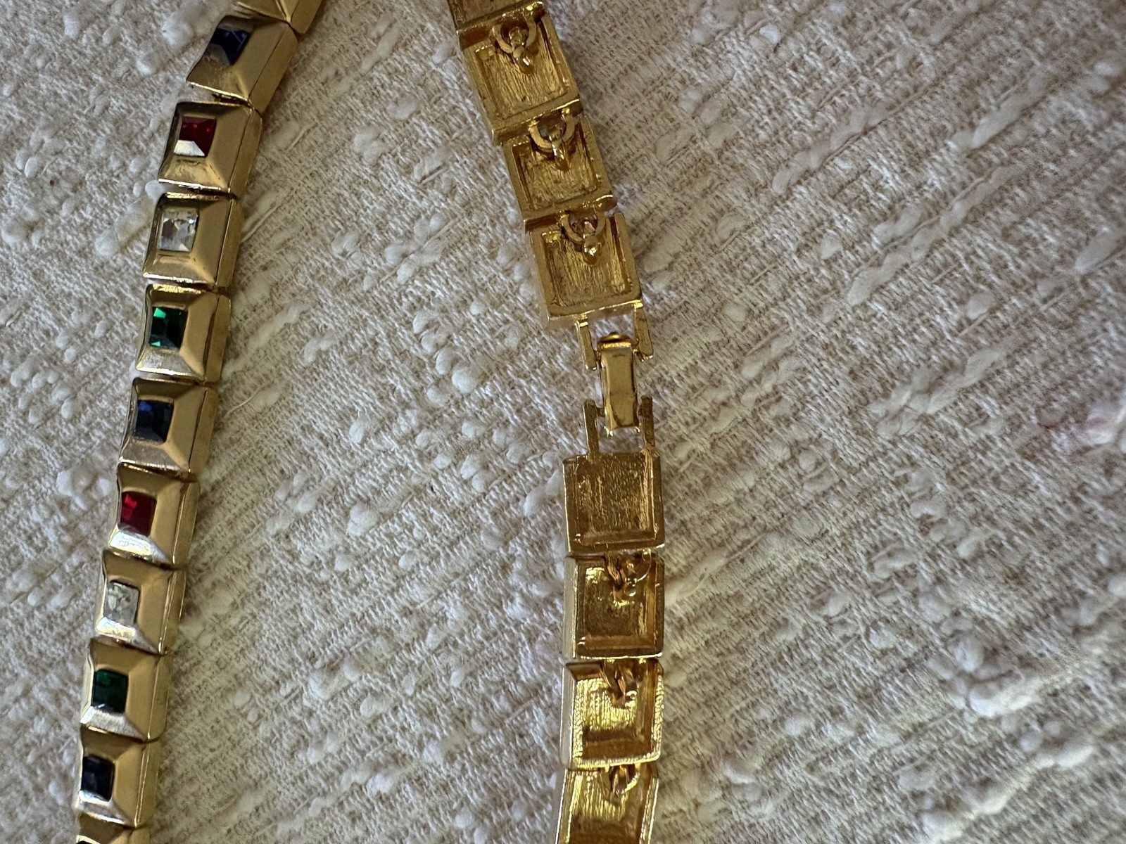 Colorful Squares of Rhinestones Set in Gold Toned Necklace