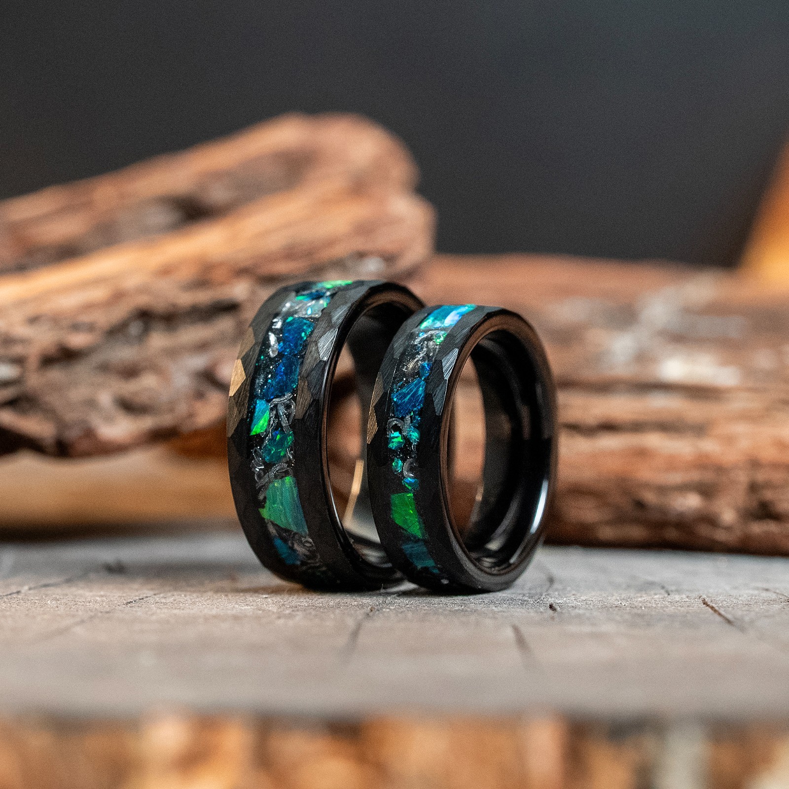 Couple Rings Matching Black Meteorite Opal Tungsten Carbide Engagement Bands 6/8