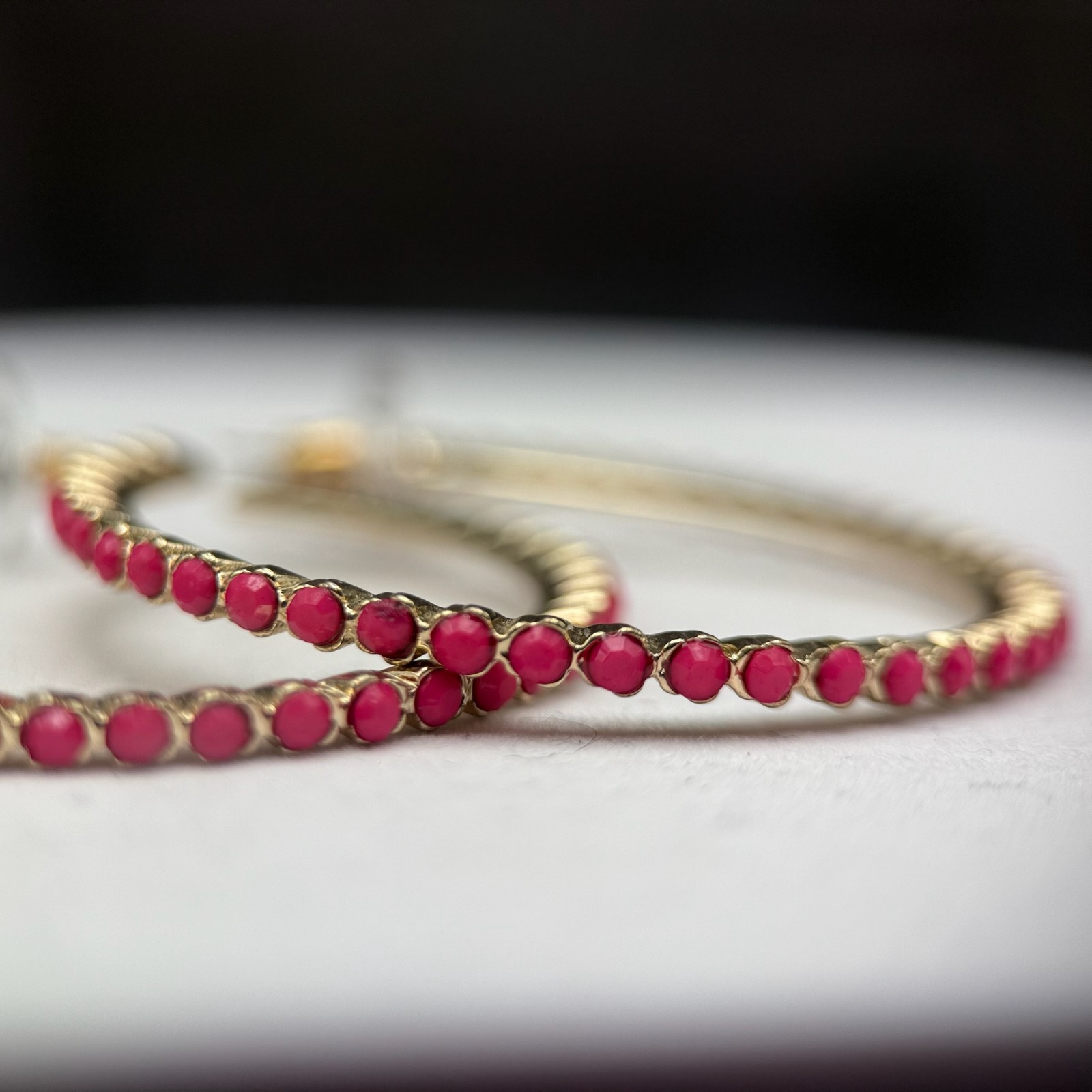 Vintage Plastic Coated Aluminum Pink/Magenta Rhinestone Fashion Enamel Hoop