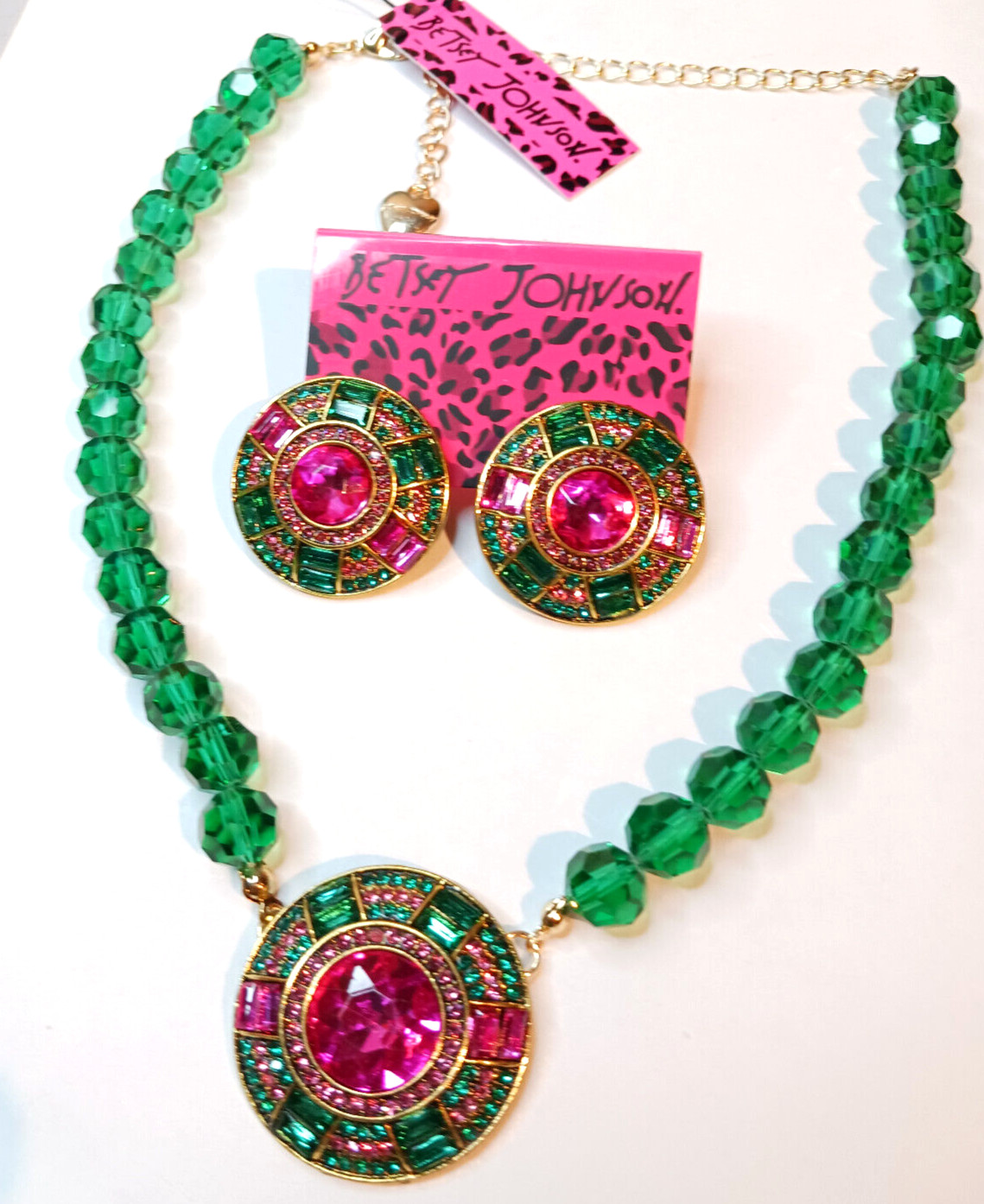 Vibrant Green Pink JEWEL Rhinestone Bead Betsey Johnson Necklace Earrings SET