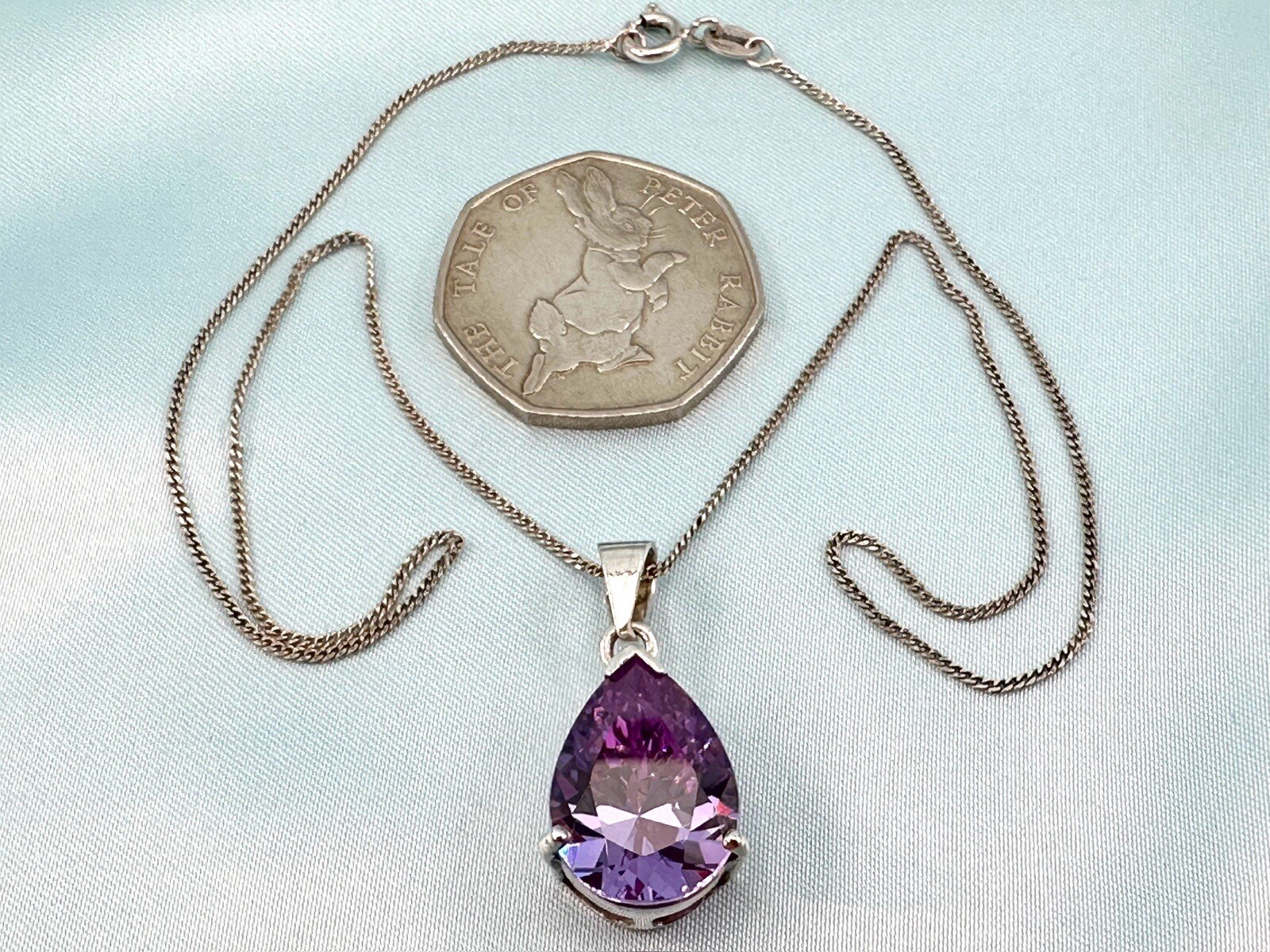 Sterling Silver Purple Stone Pendant On 16 Inch Chain 7.52gm