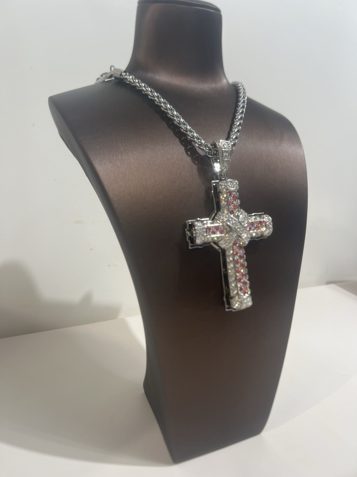 Stainless Steel CZ Cross Pendant Necklace, Silver Tone, Red Cubic Zirconia Chain