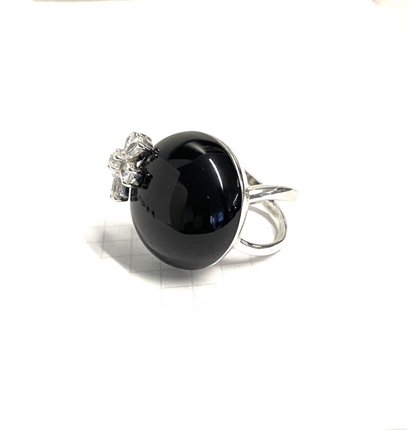 (SIZE 6,7,8,9) Large ONYX STONE & CZ FLOWER RING .925 STERLING SILVER