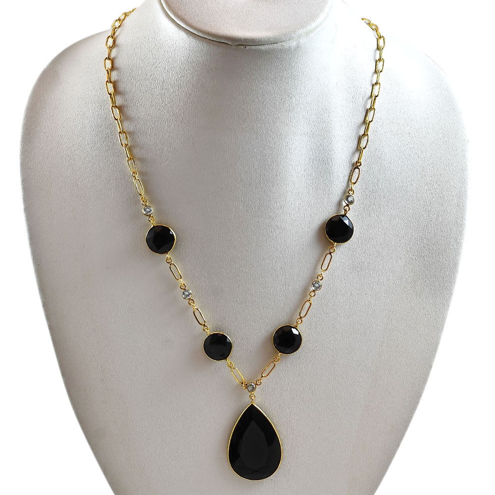 18K Gold Over Brass Black Onyx & Sky Blue Topaz Necklace Earrings Set TT01003