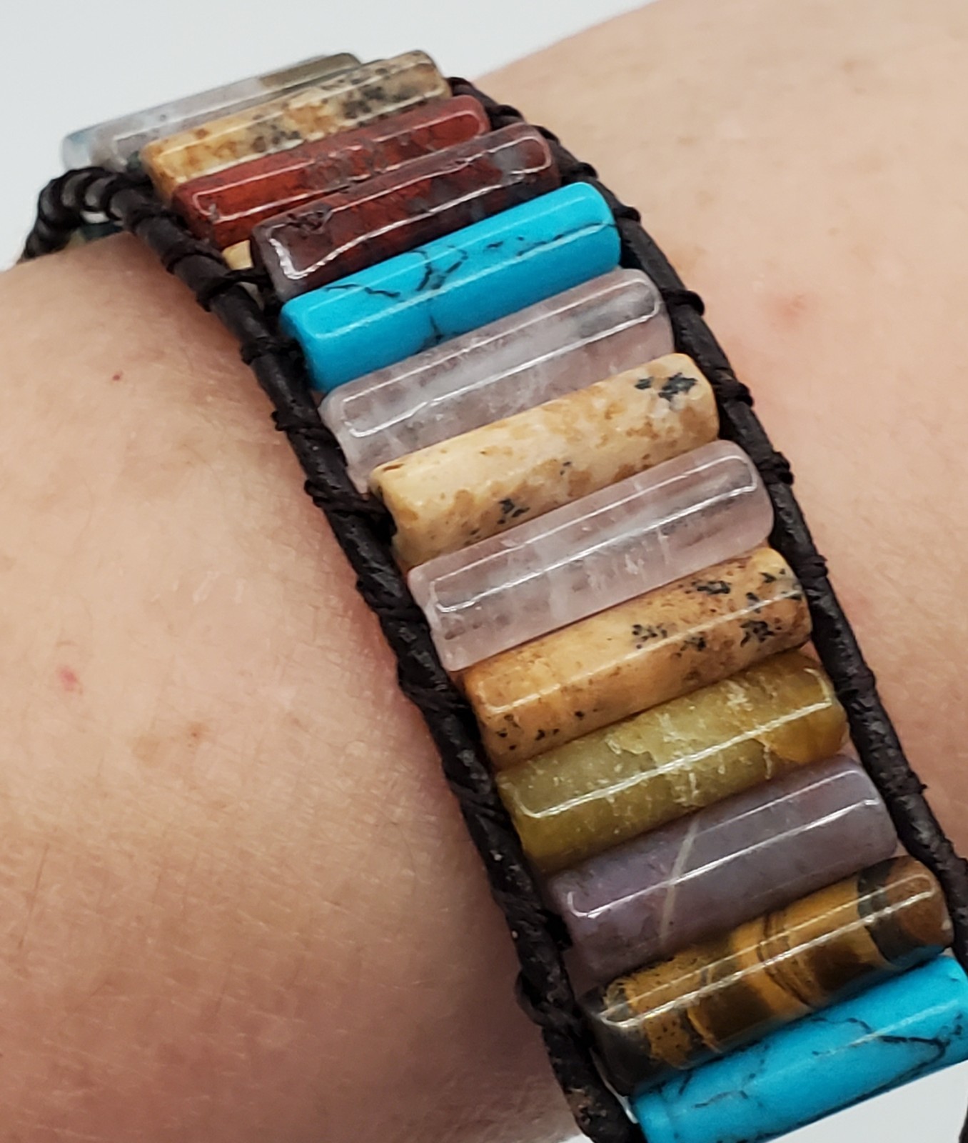 Southwest Stone Leather Wrap Bracelet 7in or 8in Unisex Multicolor Tube Beads
