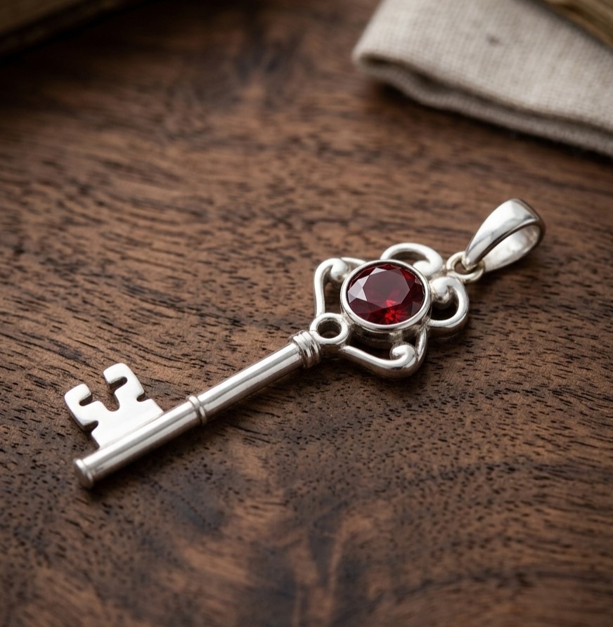 Natural Garnet Gemstone Key Brass Pendent Unique Design Comes With Chain