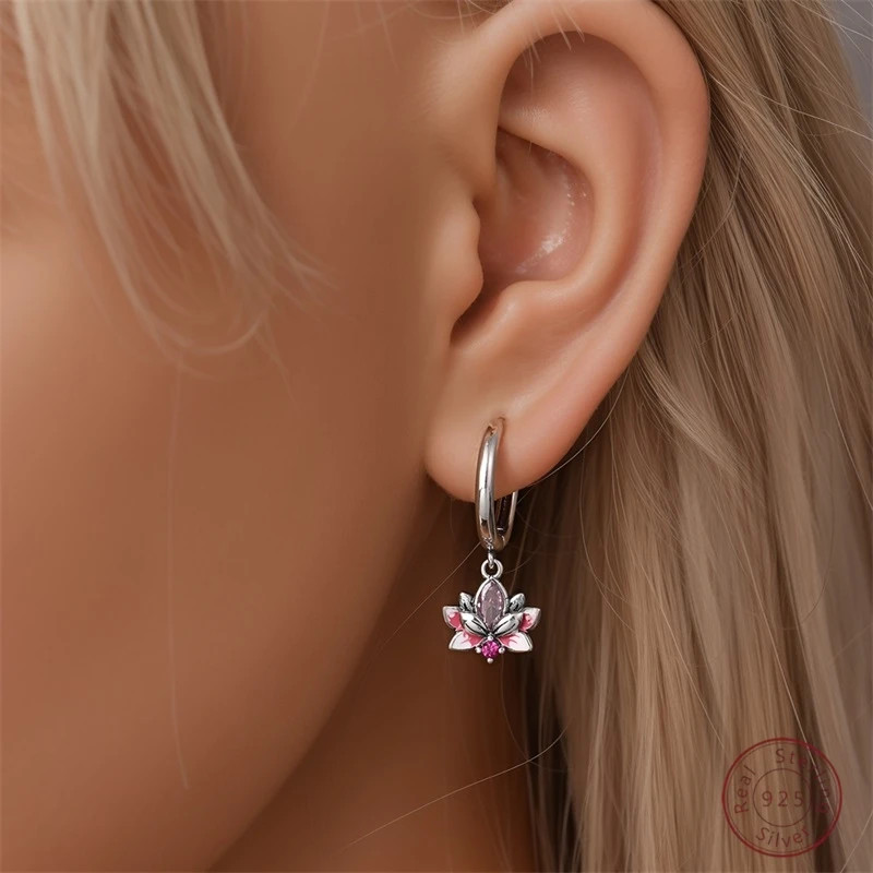 925 Sterling Silver Lotus Zircon Drop Earrings Women Wedding Classic Jewelry