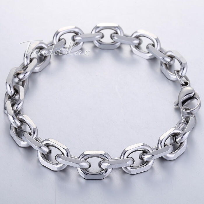 10mm Oval Cable Link Bracelet Mens Silver Stainless Steel Chain Jewelry 7-11 in
