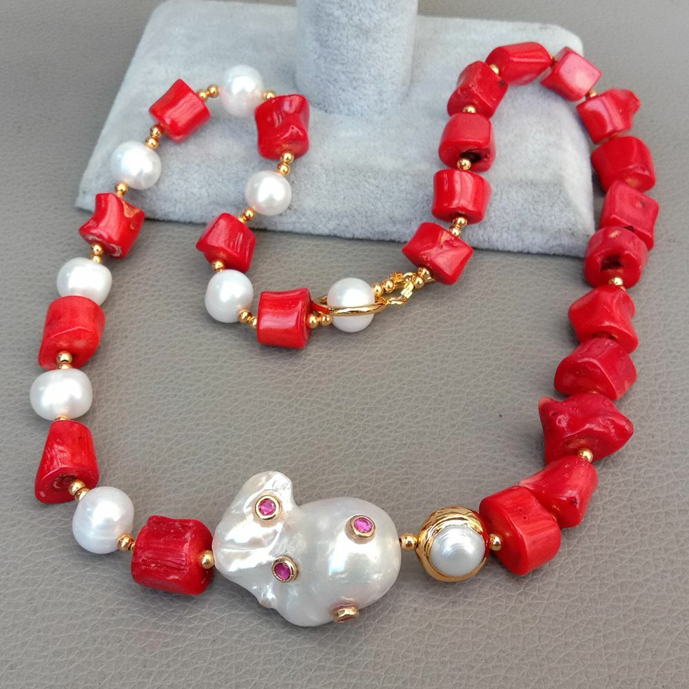 21″ Red Coral White Pearl Necklace White Keshi Pearl Cz pave Pendant
