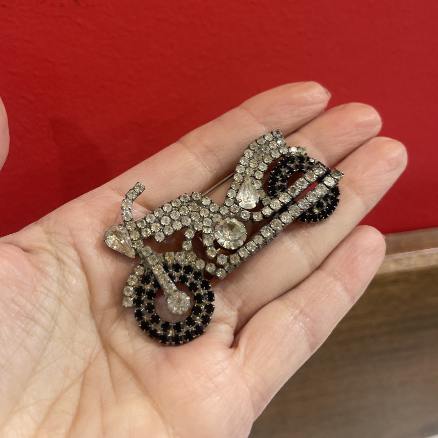 Vintage Rhinestone Motorcycle Brooch Unsigned Attributed To Dorothy Bauer