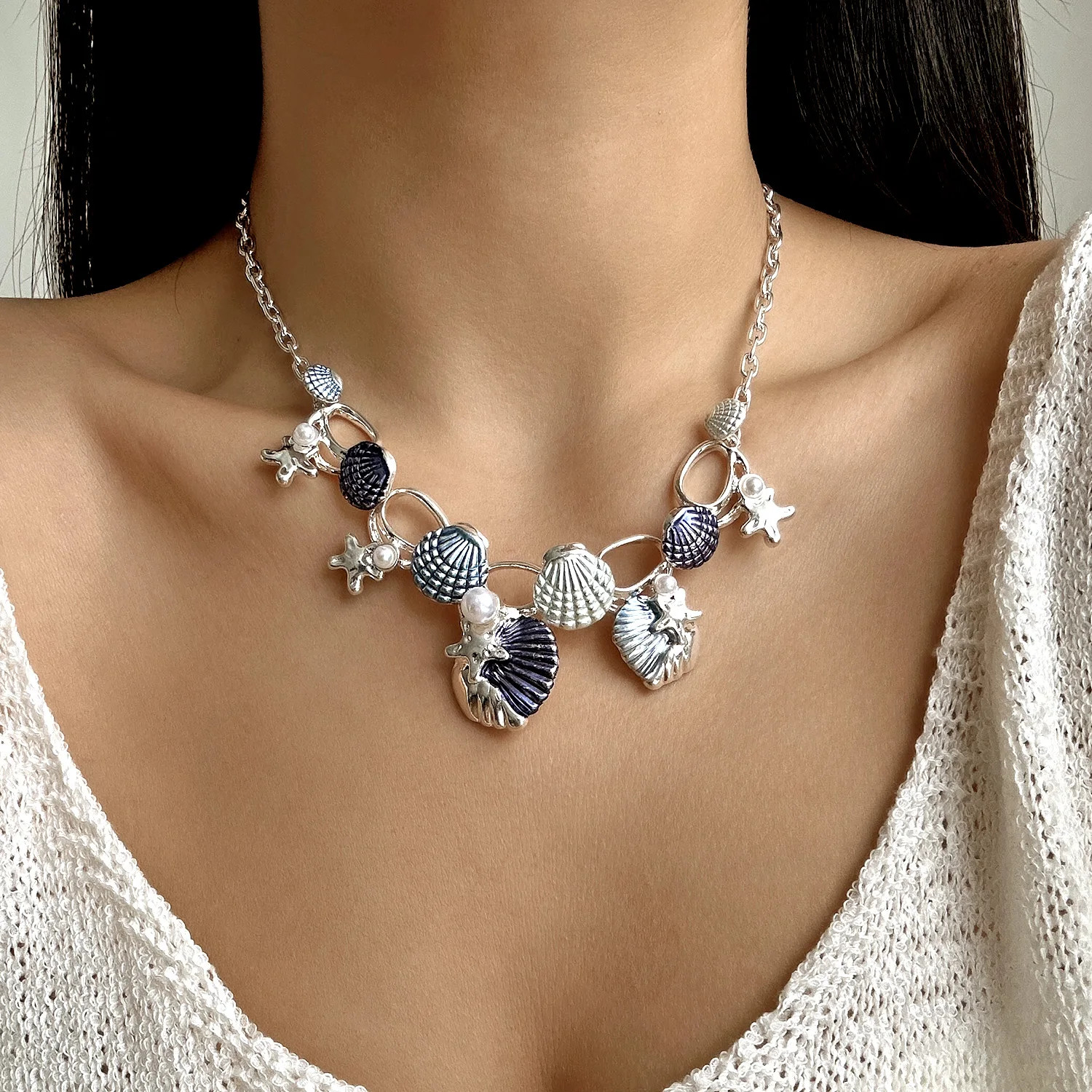 Boho Starfish Shell Coral Pearl Pendant Necklace For Women Shiny Crystal Zircon