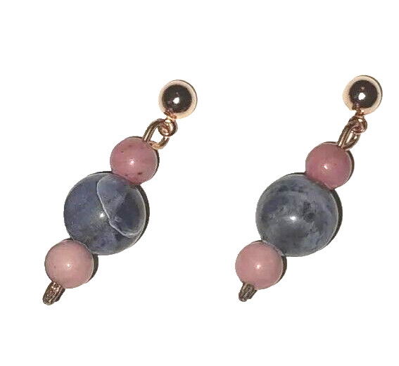 Pink Rhodonite blue sodalite new stone post earrings yelllow gold plated