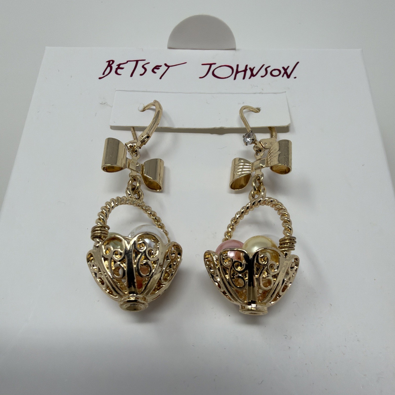 Betsey Johnson Gold Easter Basket Drop Earrings Pearl Eggs Bow Dangle New In Box