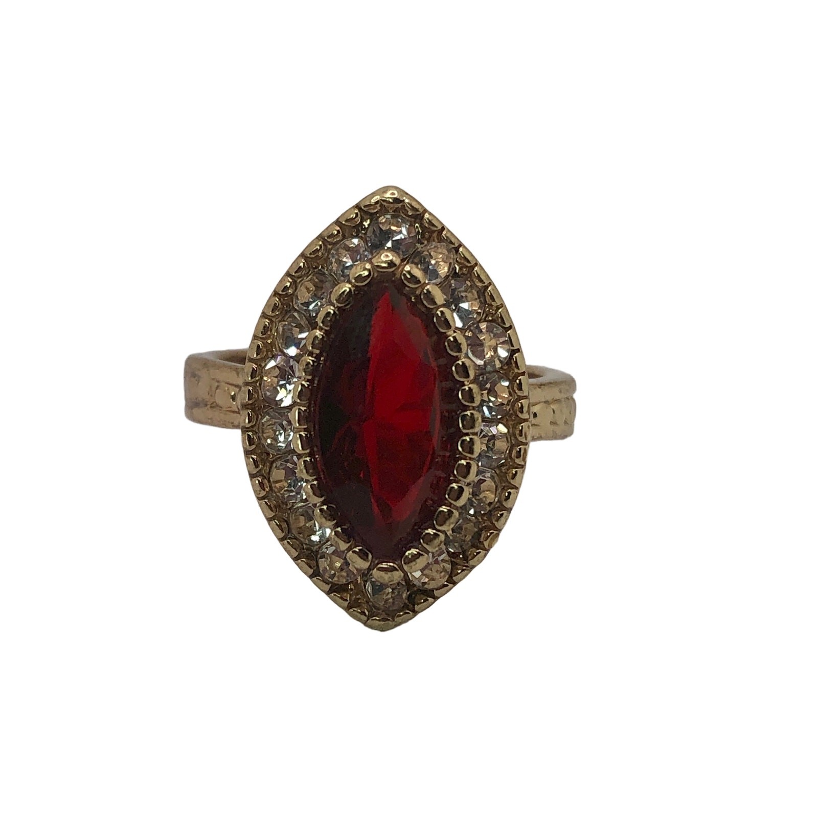 Womens Gold Tone Red Rhinestone Marquise Statement Cocktail Fashion Ring Sz 6.5