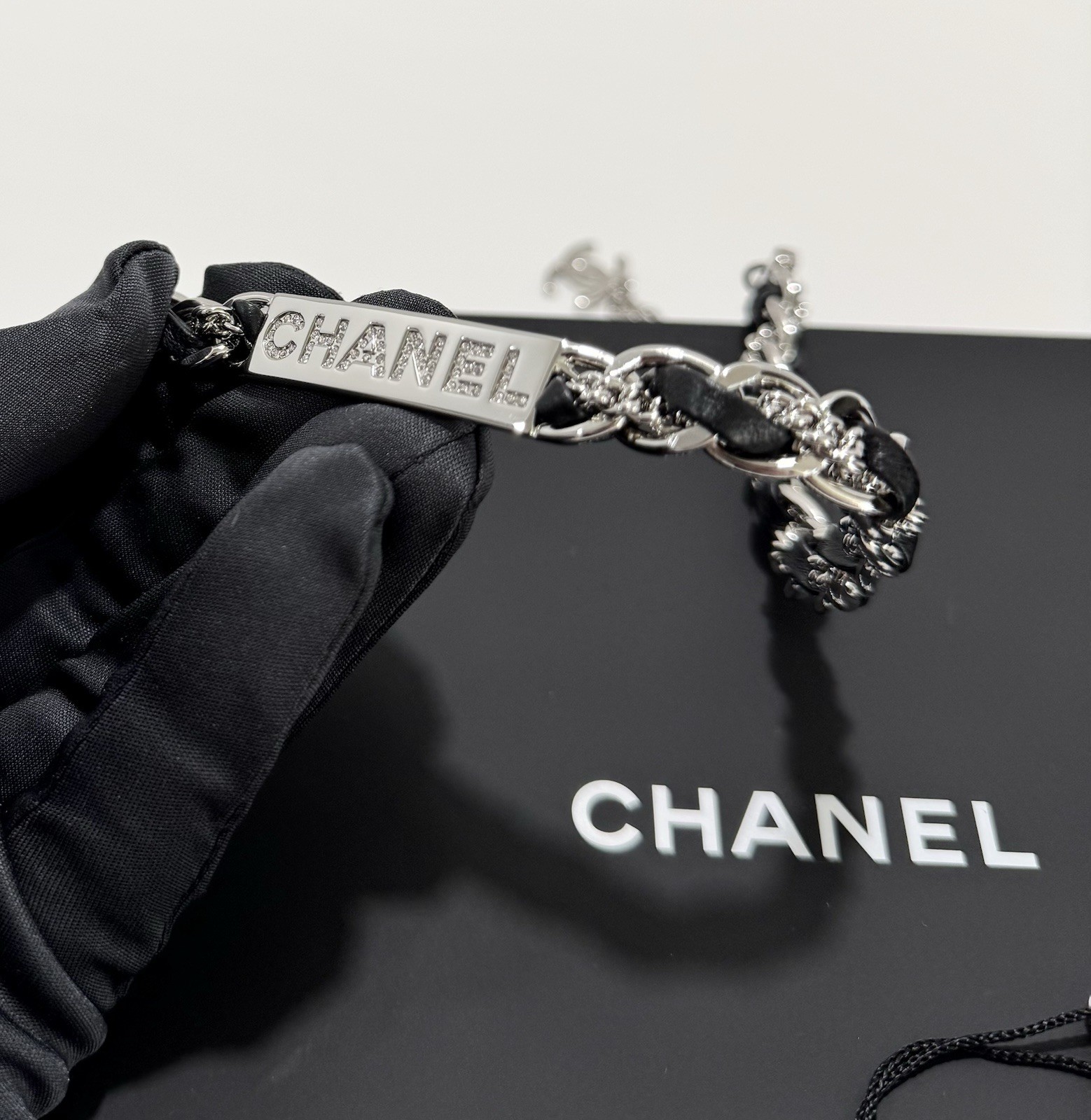Chanel Necklace Black Leather Chain Crystal CC Choker 26C Authentic W/Box NWT