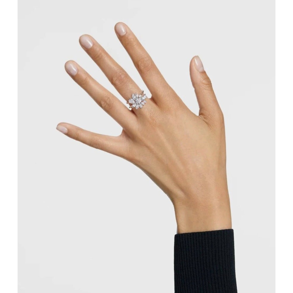 Swarovski Gema Flower Ring Rhodium Plated with Clear Stones Cocktail 58 – USA 8