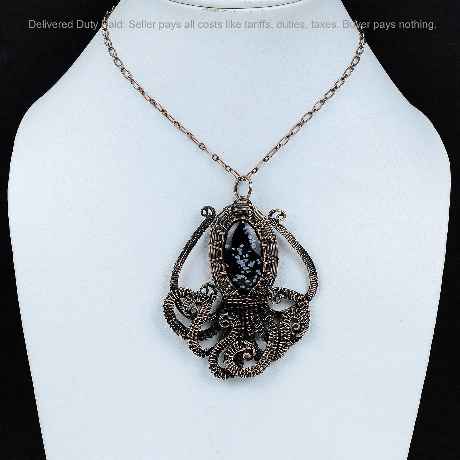 Natural Snowflake Obsidian Wife Wire Wrapped Octopus Engagement Pendant Copper