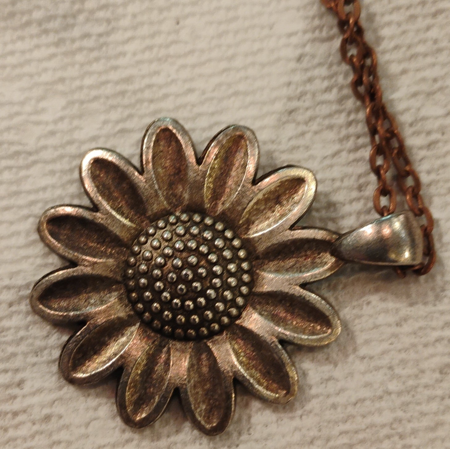 Bronze Metal Cable Chain Necklace Textured Sunflower Flower Charm Pendant