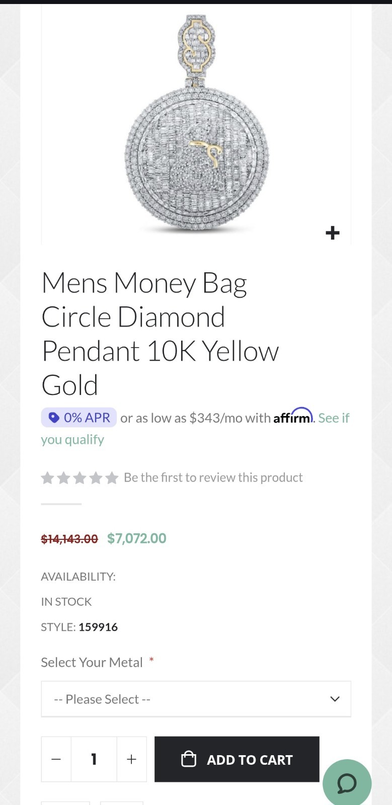 10k Gold Mens Baguette Diamond Money Bag Circle Pendant 5 Cttw