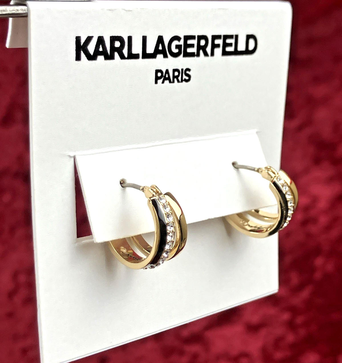 Karl Lagerfeld Gold Tone Ex Small Pave Jet Split Hoop Earrings NWT
