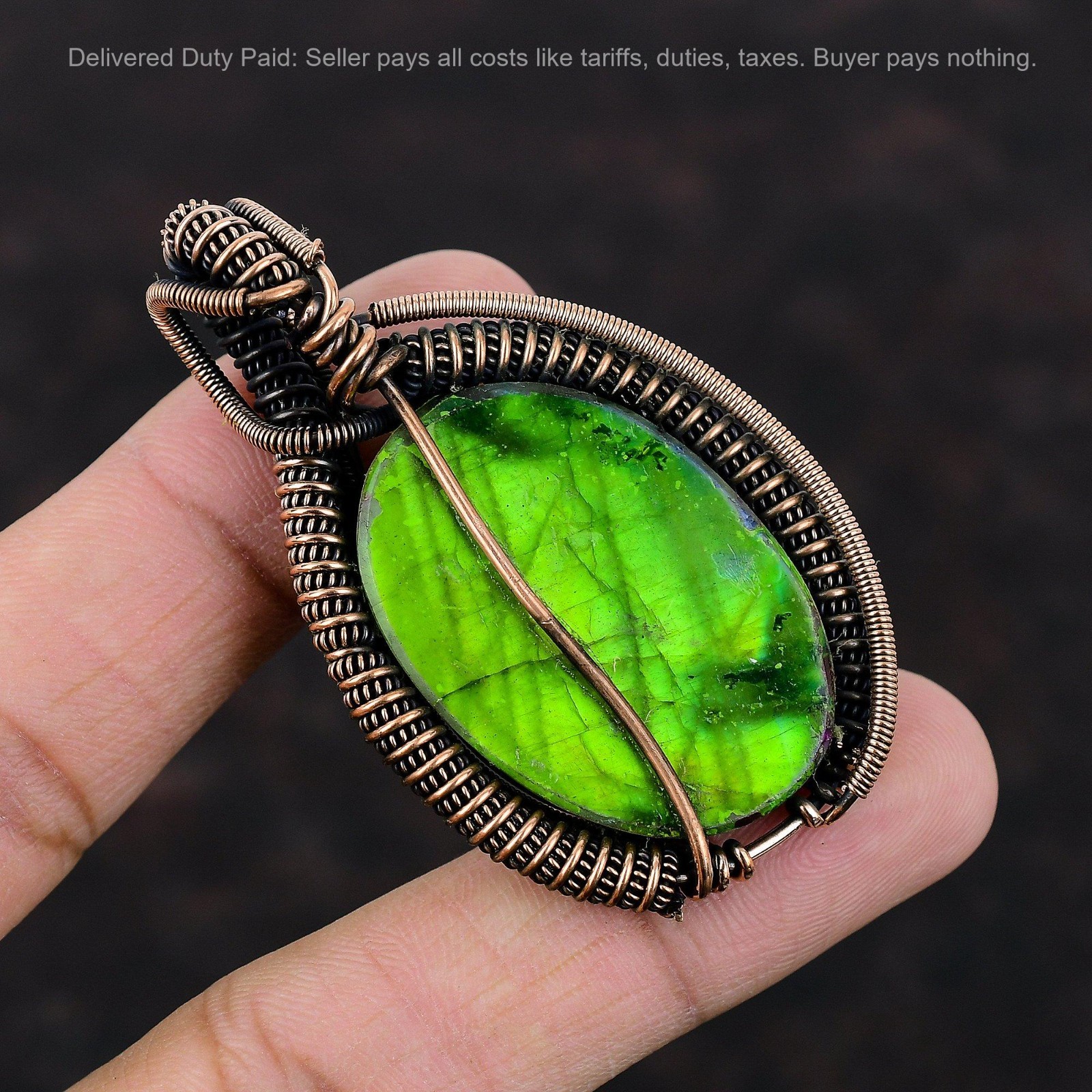 Halloween Deal Natural Multi Fire Labradorite Copper Wire Wrapped Wife Pendant