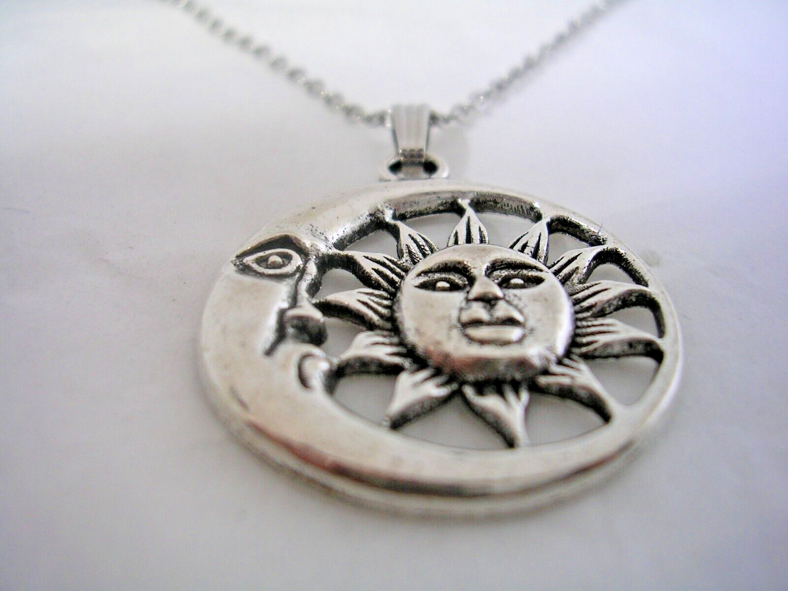 MOON AND SUN PENDANT WITH FACES ALL HIGH POLISHED IN STAINLESS STEEL WITH CHAIN