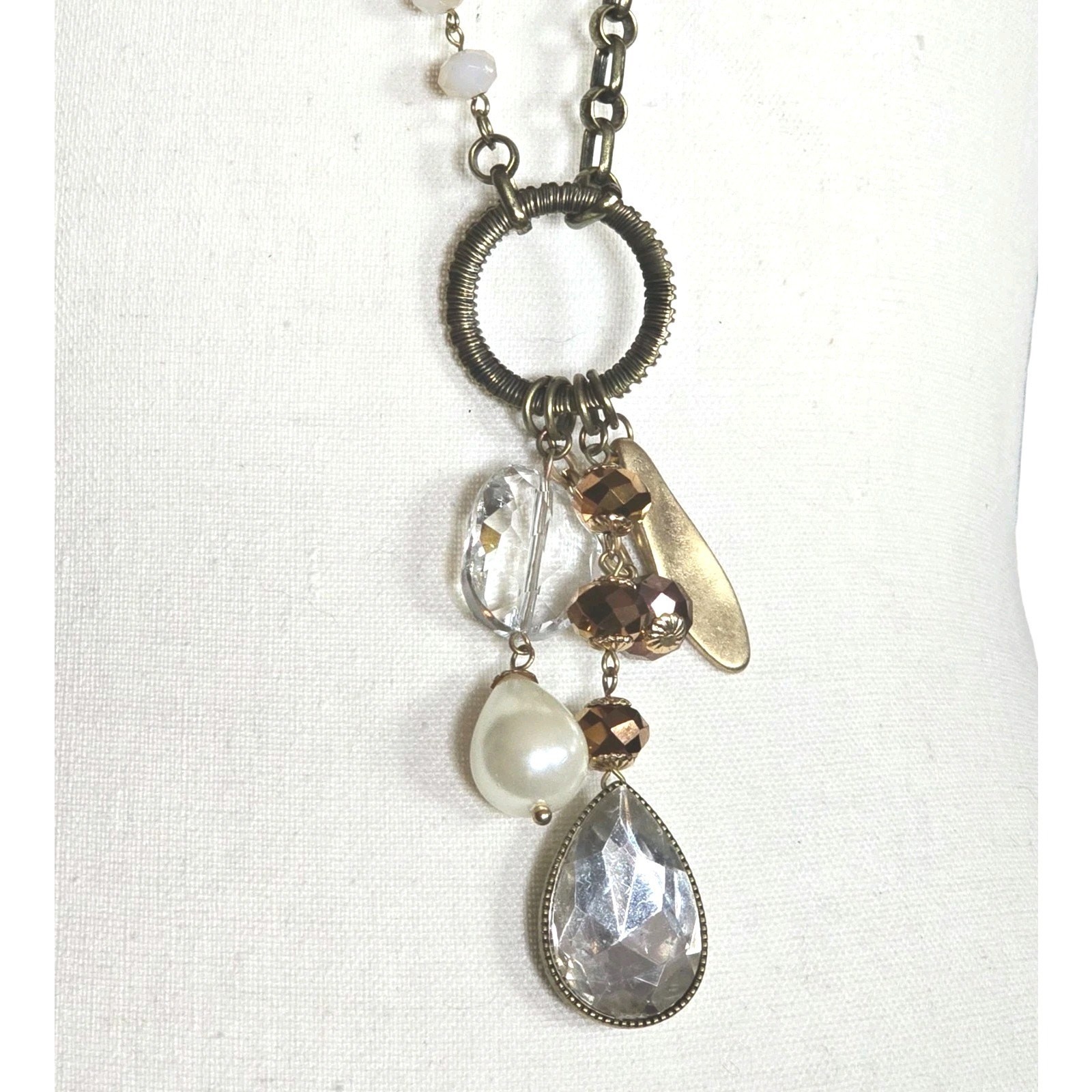 Necklace Chico’s Charm Necklace Crystals Glass Beads 36″ 38″ Antique Gold Tone