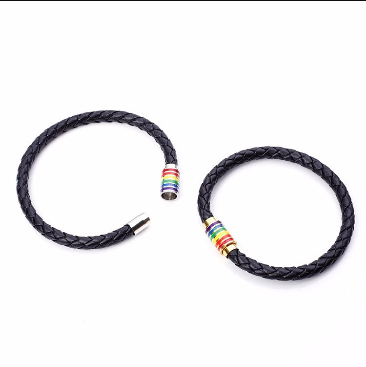 2 Pcs Couple Bracelet Love Leather Braided Magnetic Rainbow Gay LGBT Lover Gift