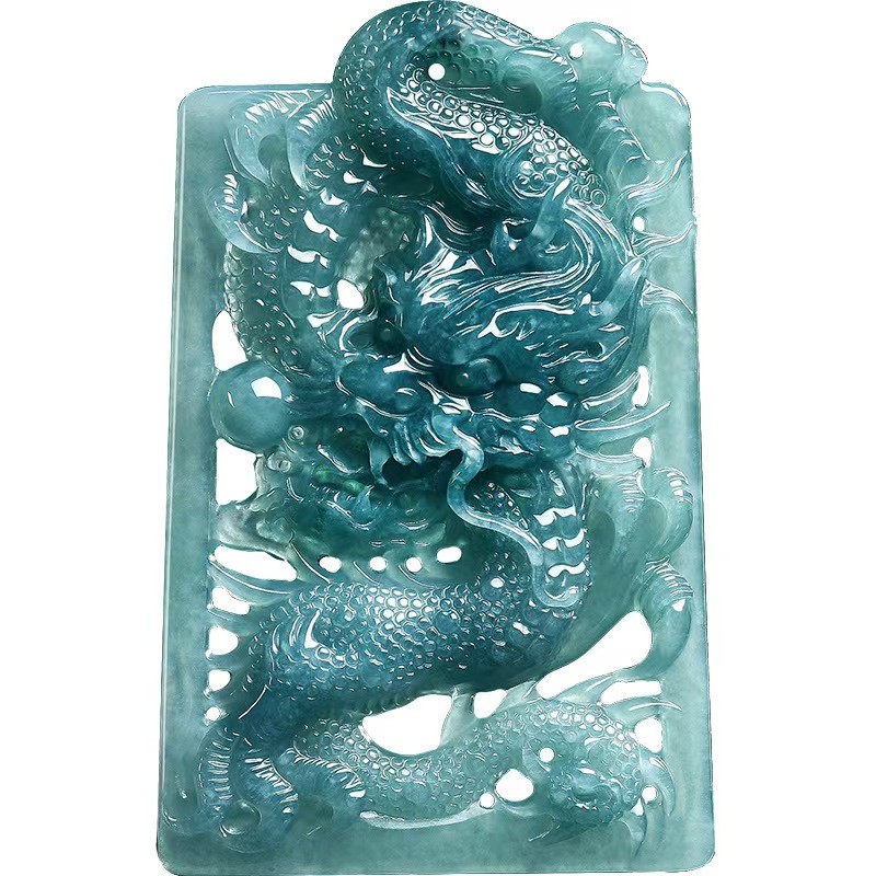 Real Grade A 100% Natural Blue Jade Jadeite Dragon Oblong Pendant Necklace