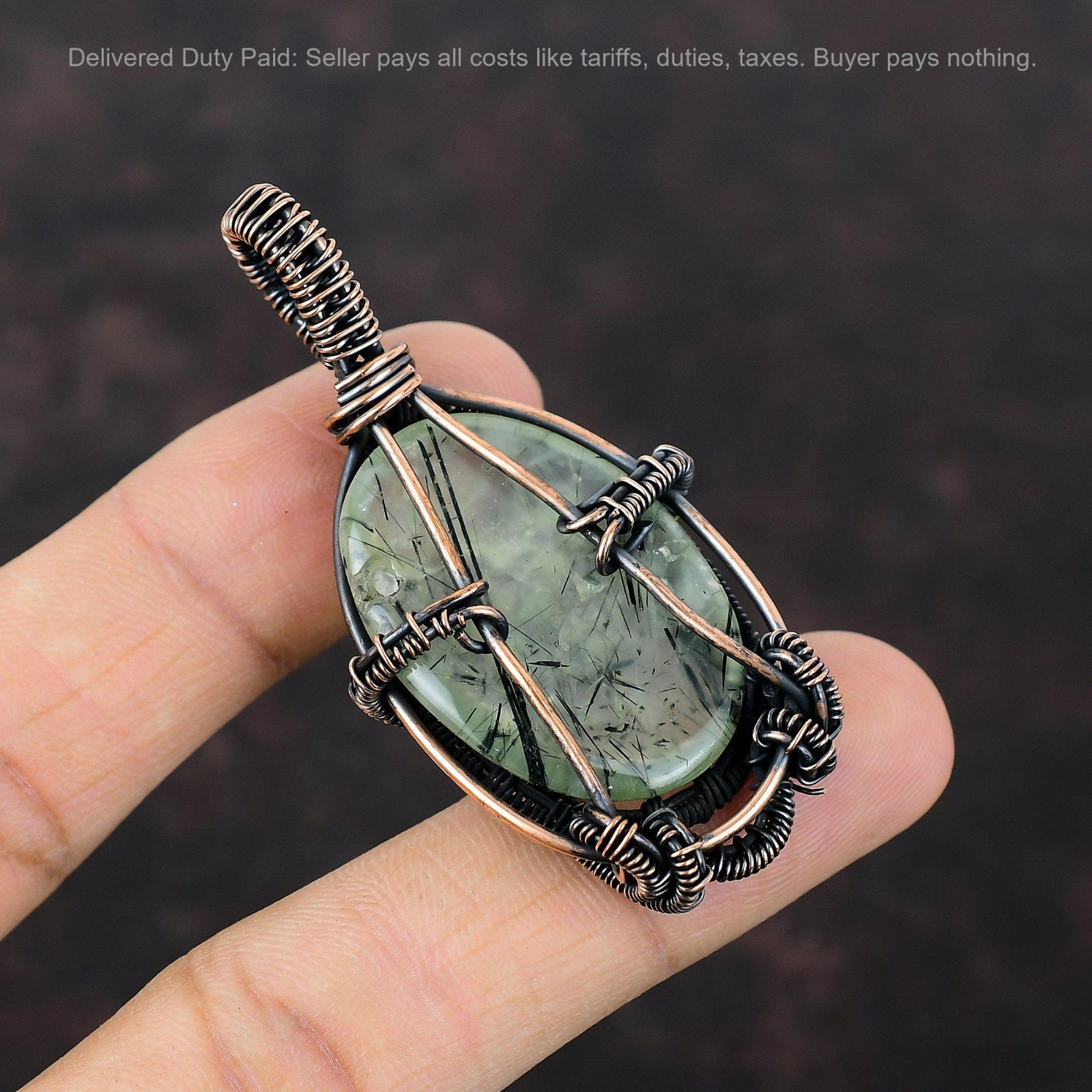 Thanks Giving Day Sale Moss Prehnite Stone Wire Wrapped Sister Pendant Copper
