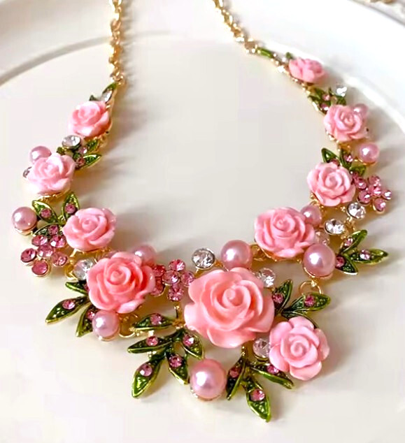 Pink ROSE Flowers PEARL Choker Rhinestone Betsey Johnson Necklace Earring SET