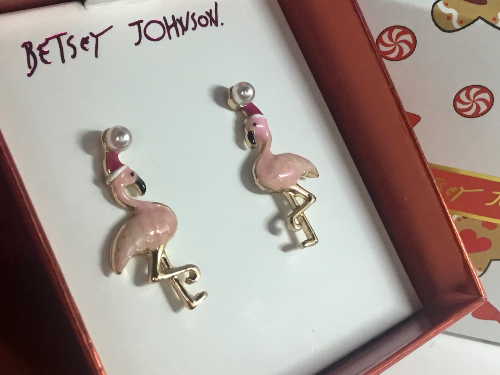 Betsey Johnson Signed Christmas Flamingo in Santa Hat Post Earrings NIB