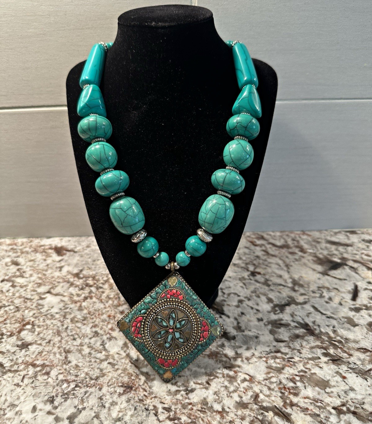 Turquoise Round Stone Beaded Statement Necklace w/ Asymmetrical Charm Pendant