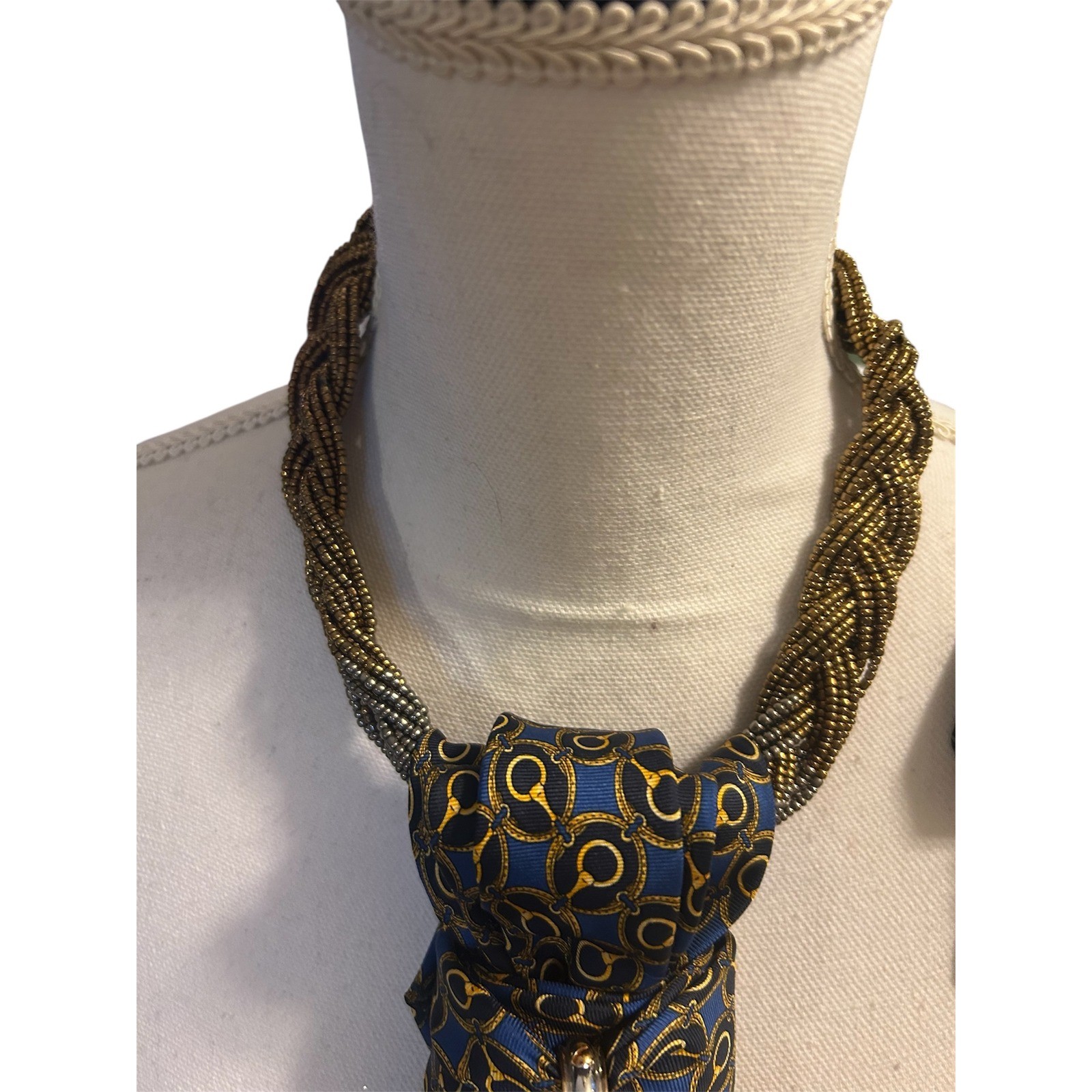 Club Room Silk Tie Horse Necklace Western Equestrian Blue Gold Crystal Brooch