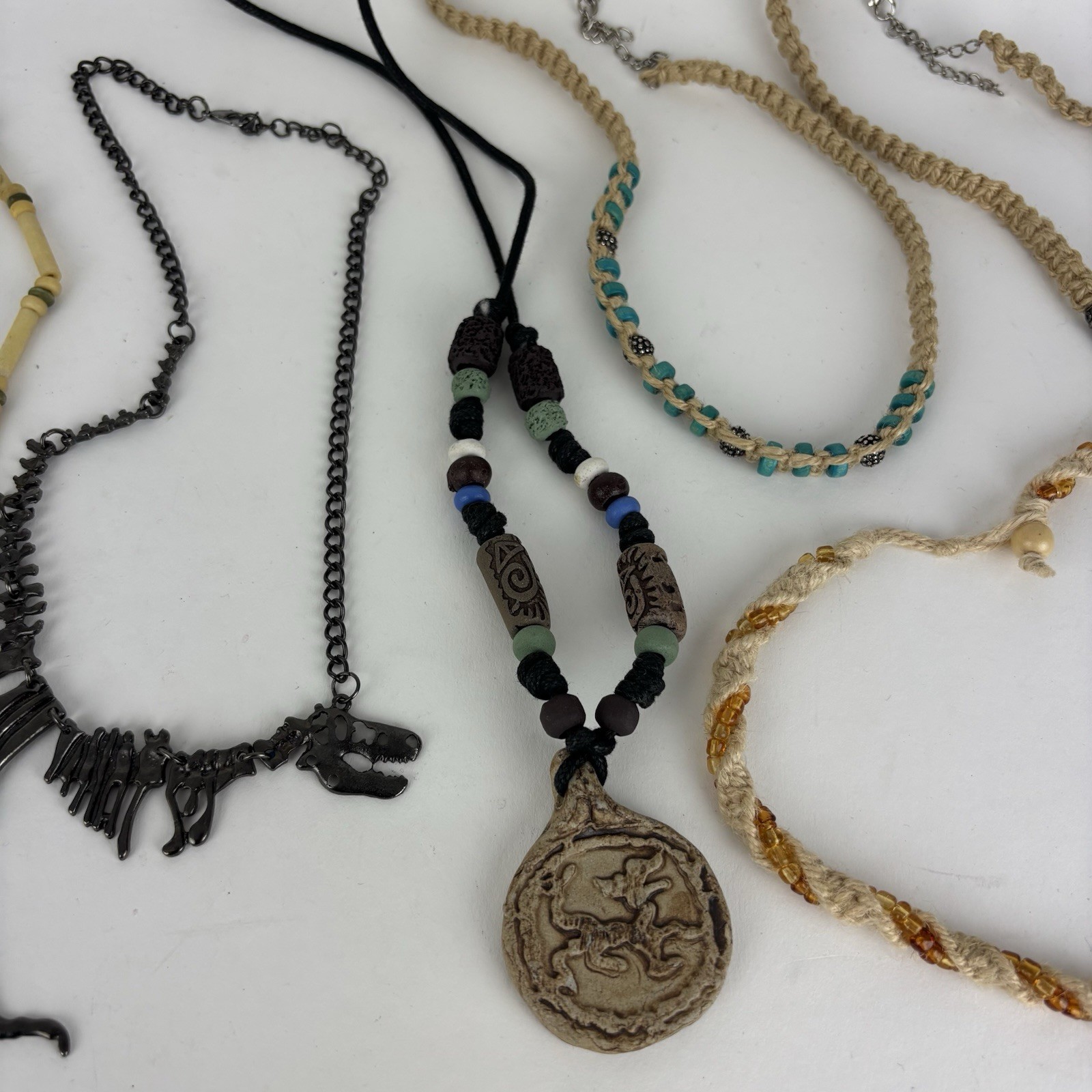 Lot of 7 Boho Necklace Pendants Turtle Dragon Dinosaur Hemp Beaded Jewelry