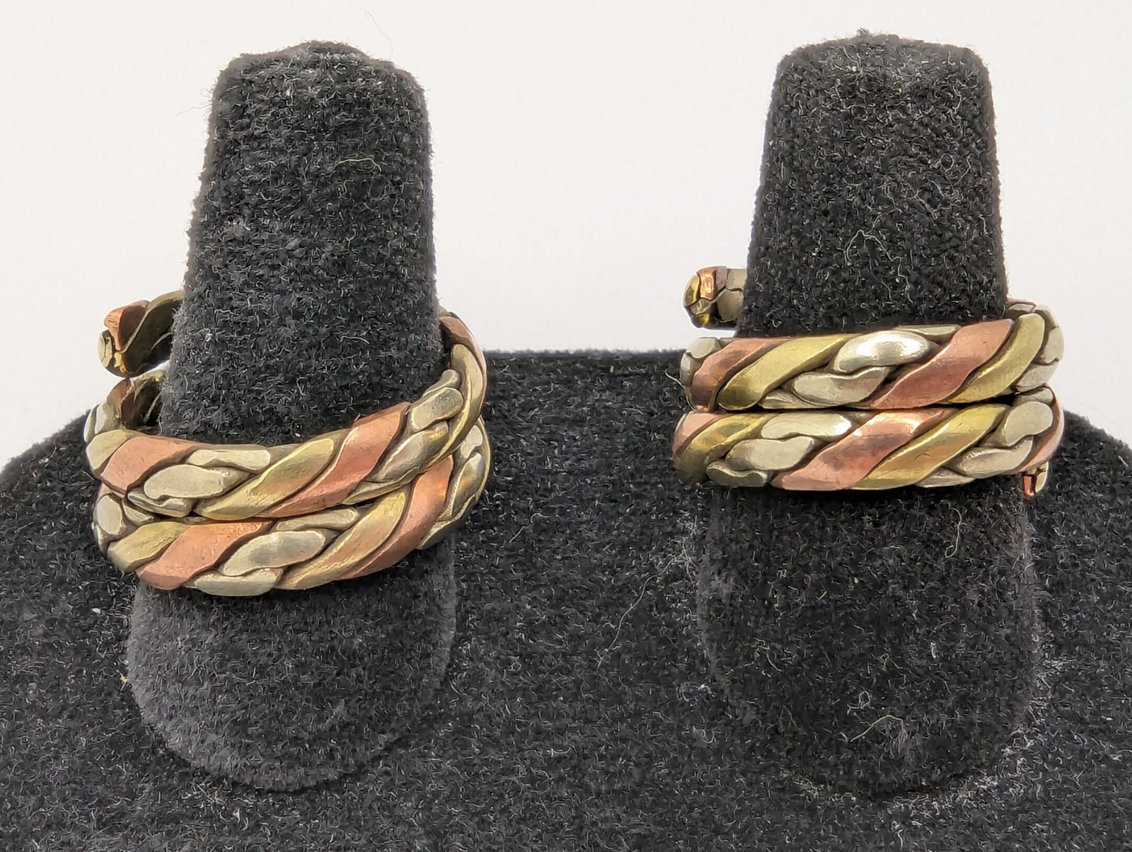 Tibetan Three Metal Coil Rings. Brass, Copper & Silver Tone Metals. Pair Of 2
