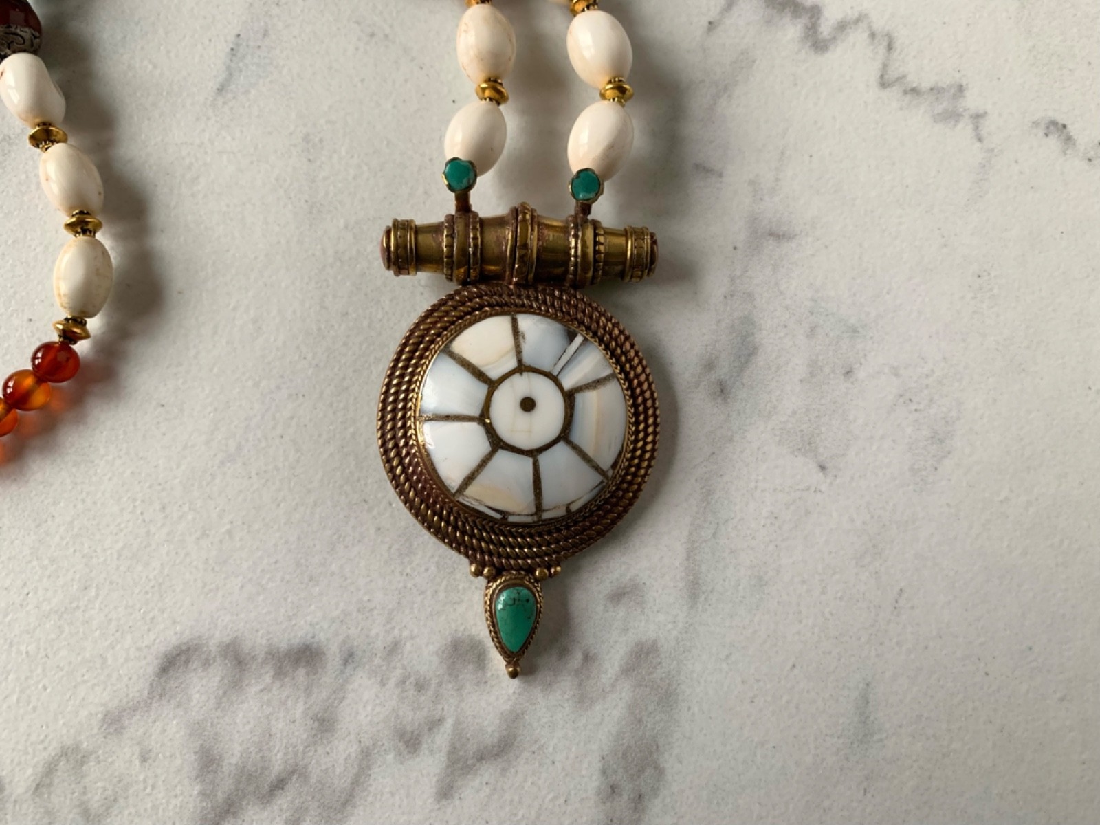 Tibetan Brass & Naga Conch Dharma Wheel, 20 ” Necklace 25
