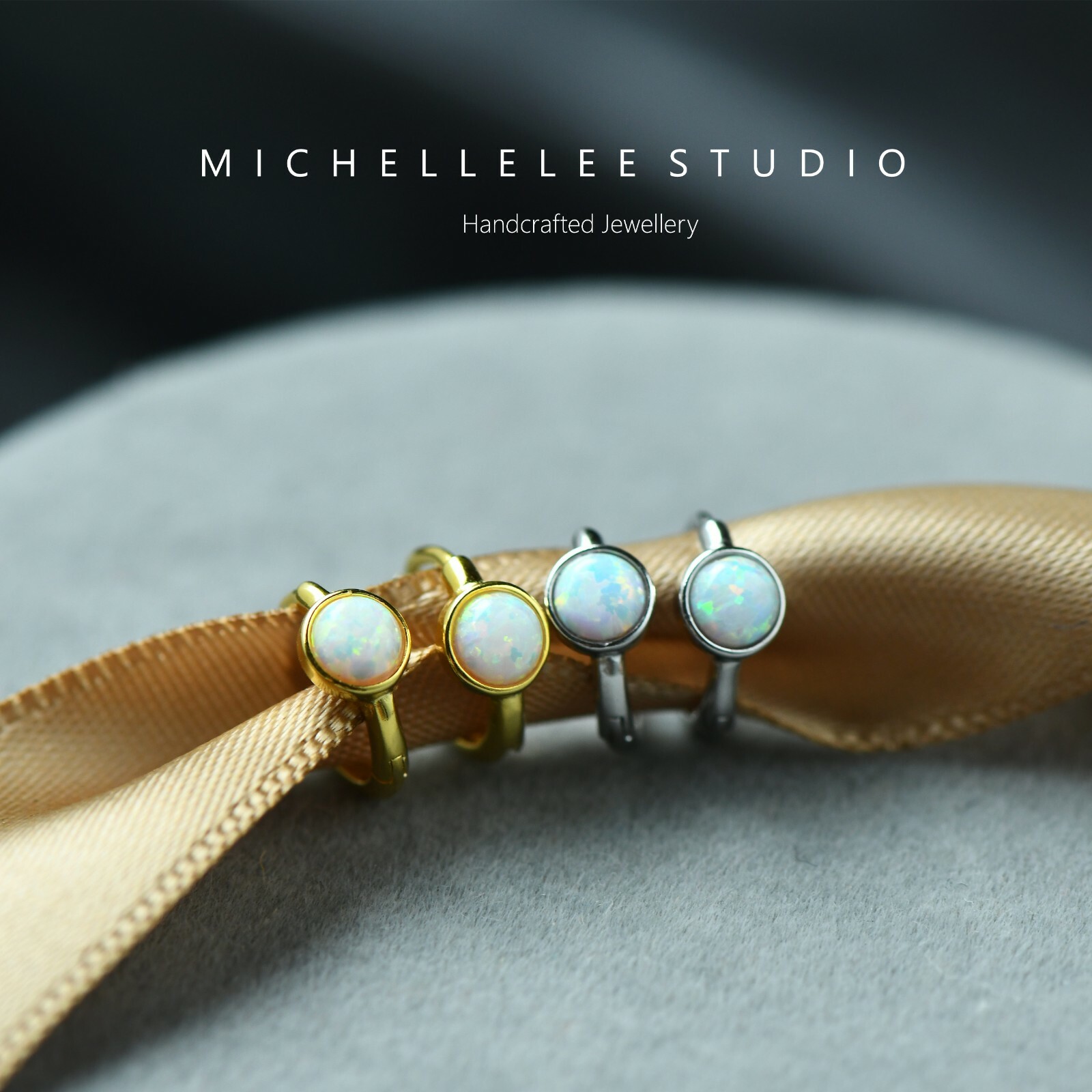 Minimalist White Opal Huggie Hoop Earrings in Sterling Silver