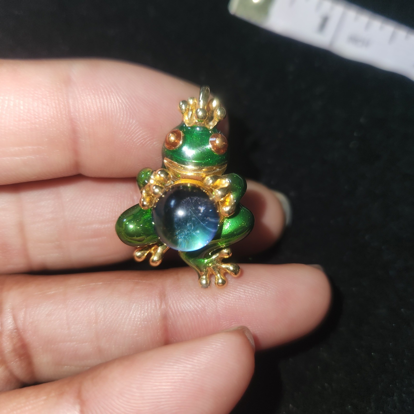 Green Enamel Frog Prince Pendant Gold Tone Iridescent Orb Charm Fairytale