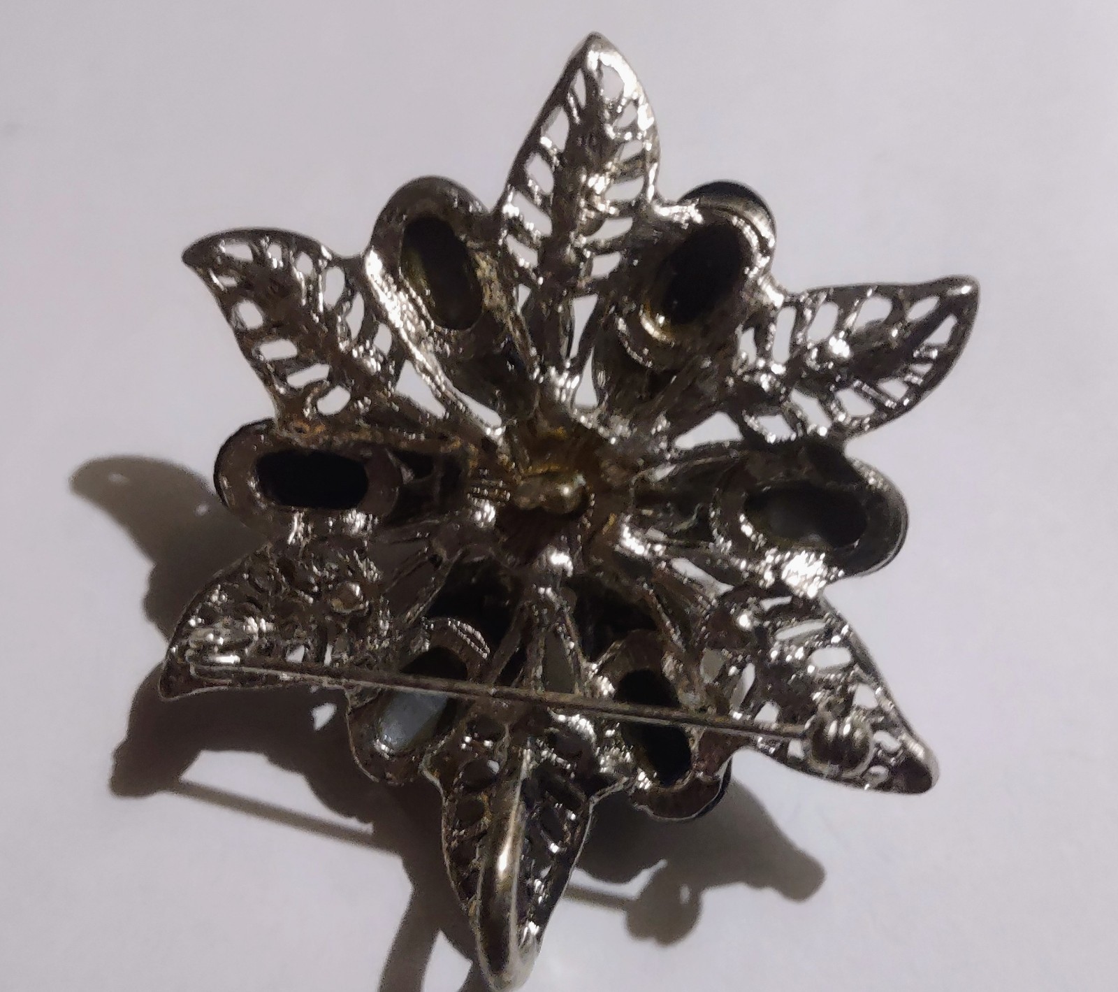 Silver Tone Flower Brooch Pin with Cream Imitation Pearl & Black Rhinestones