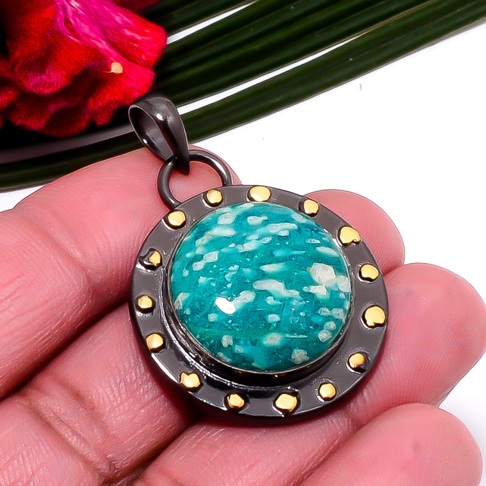 Amazonite – Colorado Mines Gold Plated 925 Sterling Silver Pendant 1.64″ Sku5