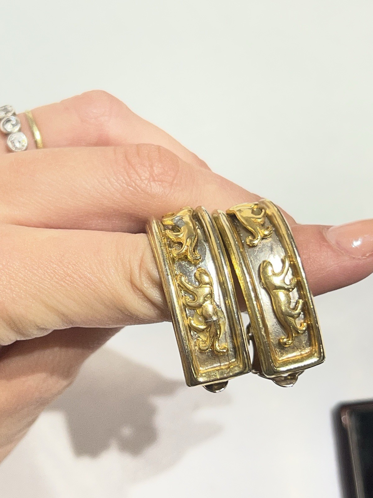 Gold Tone Clip-On Hoop Earrings Rectangular Textured Metal No Stone