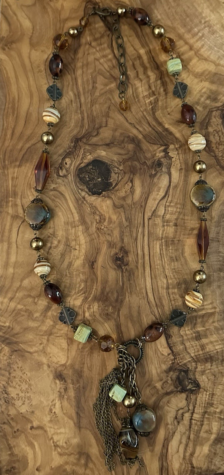 Bohemian Long Tassel Necklace Earth Tones Beaded Mixed Materials 26-29”
