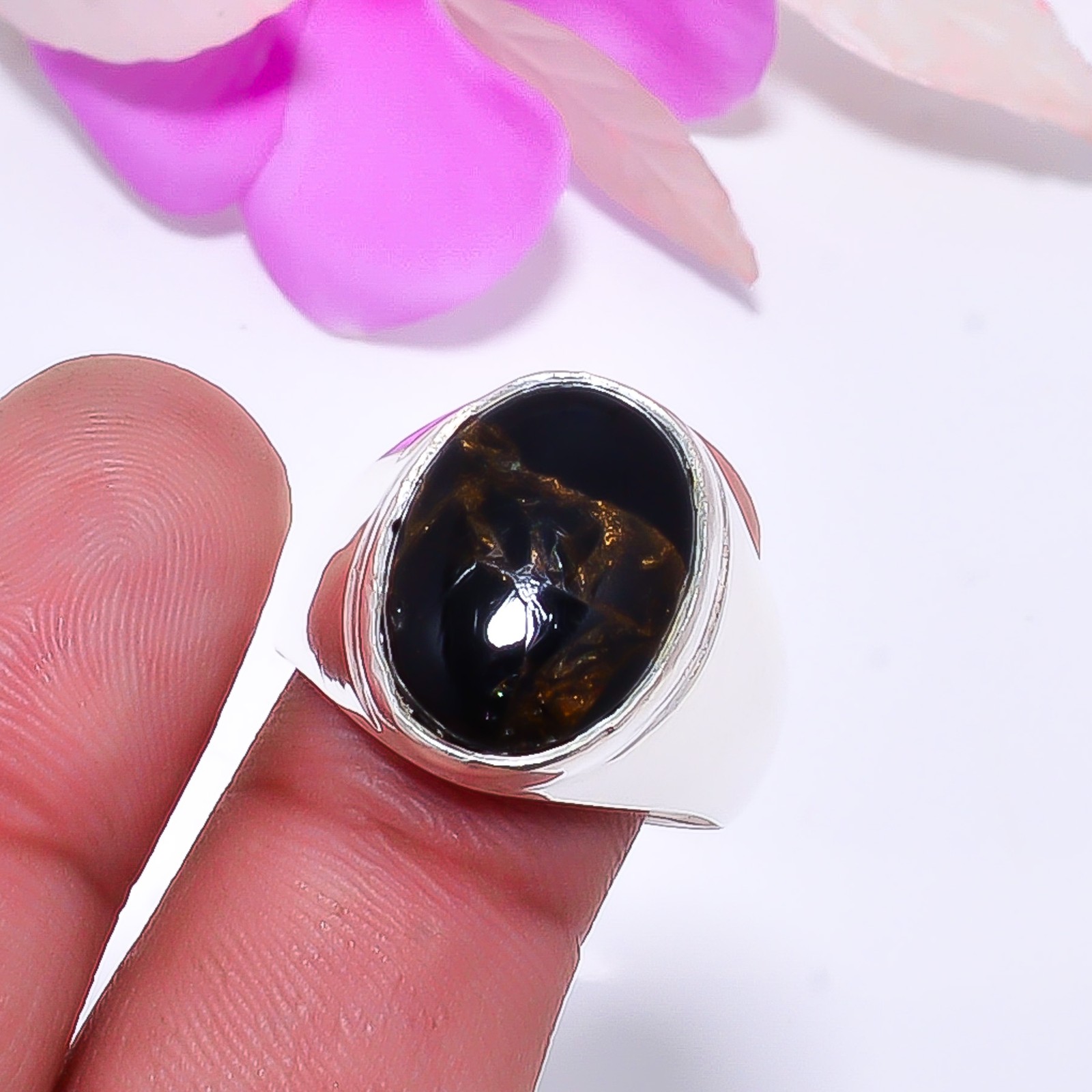 Copper Black Obsidian 925 Sterling Silver Ring S.10.5 R11523