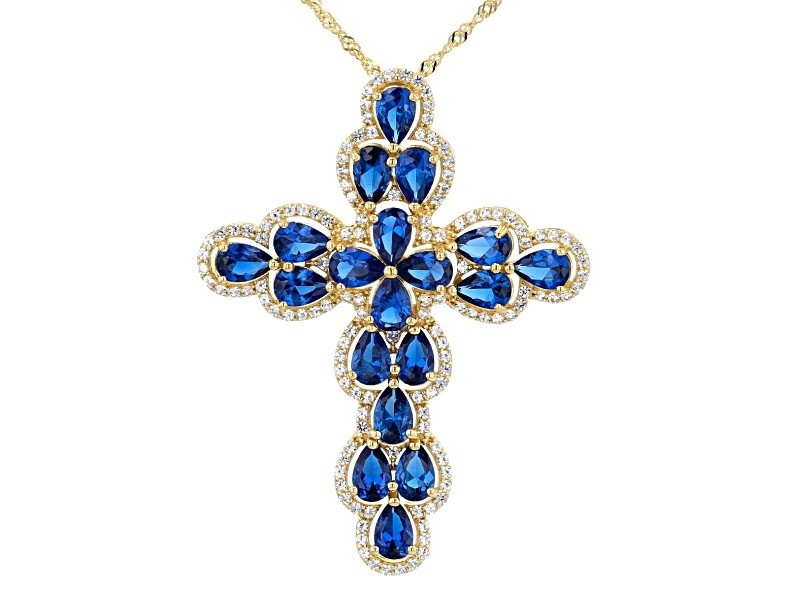 Blue Lab Created Spinel 18k Yellow Gold Over Silver Cross Pendant W/ Chain 8.22