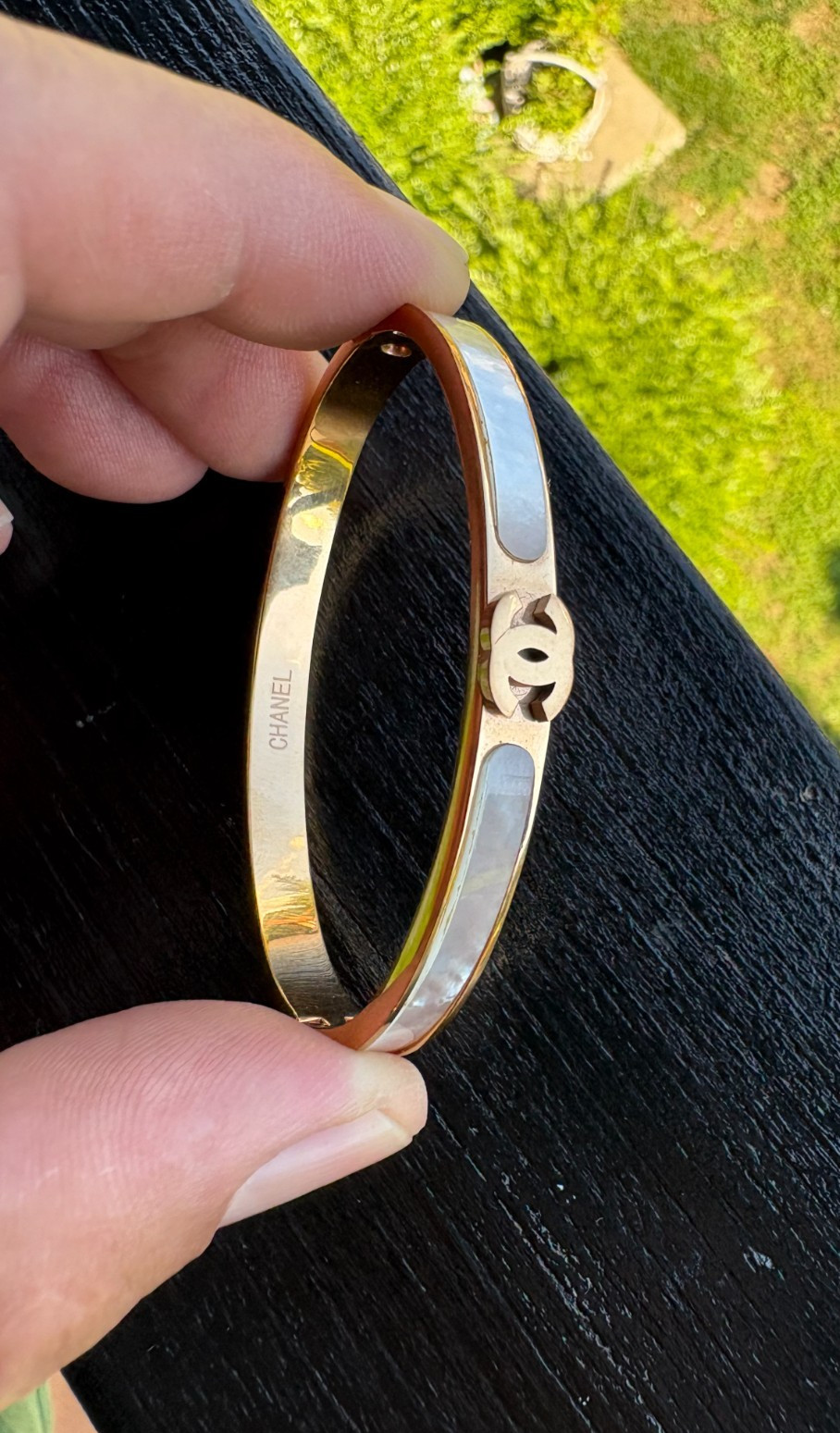 CHANEL CC Mother of Pearl Bangle Bracelet Gold Tone Hinged Cuff