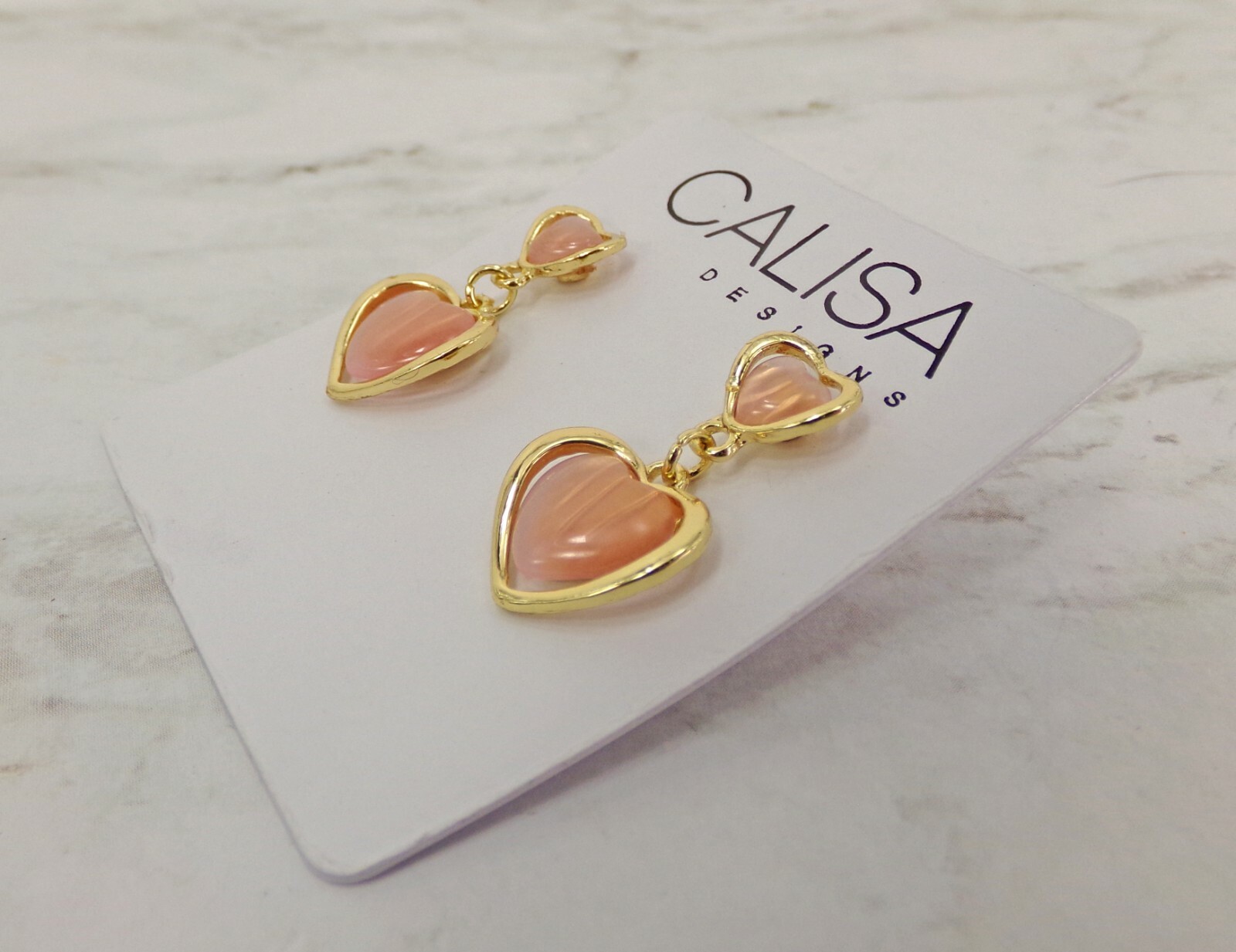 Pink heart earrings with double hearts and pink cat eye stones gold setting NEW
