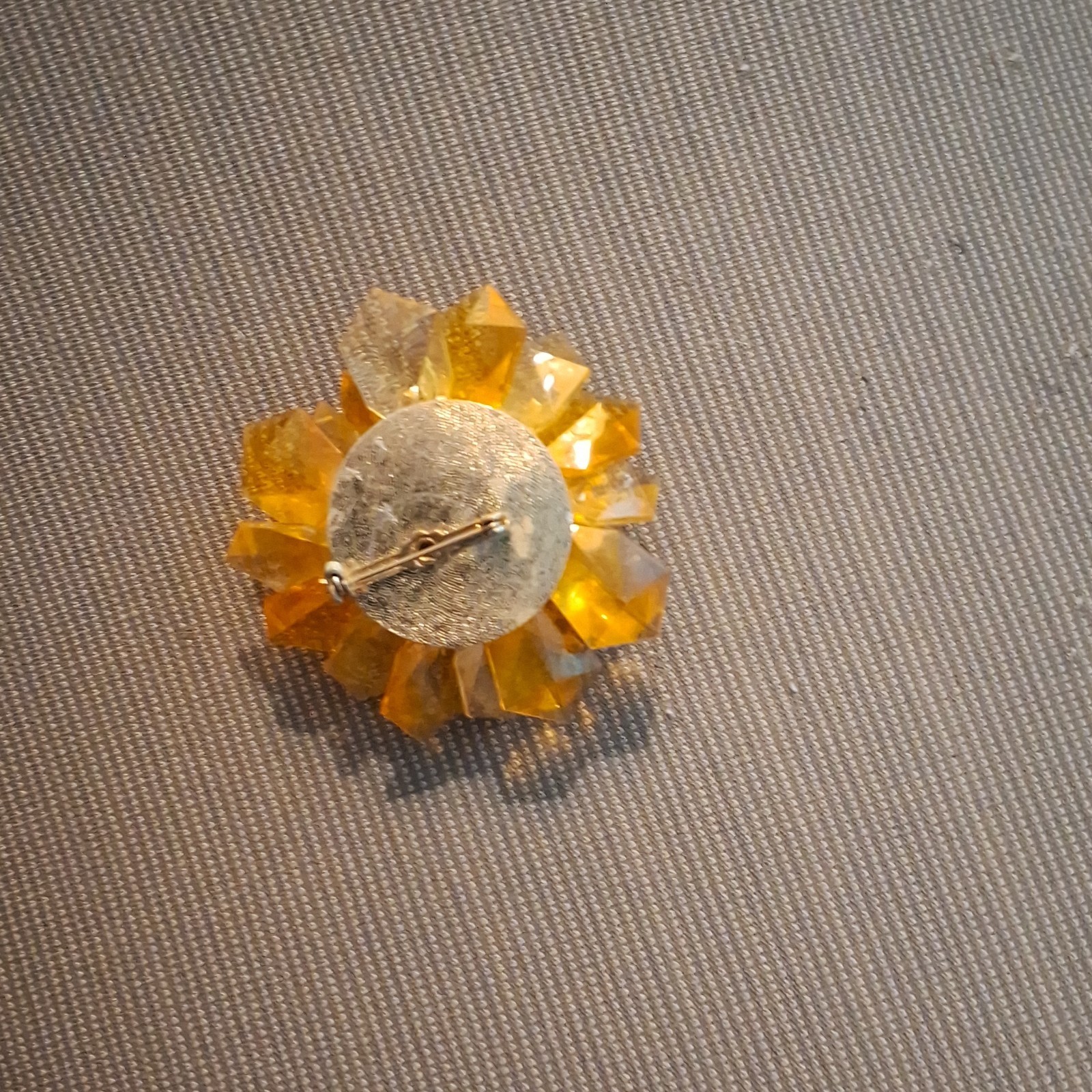 Yellow &orange Flower Brooch Pin, Plastic, Faceted Floral Design, 2.0″ Hong Kong