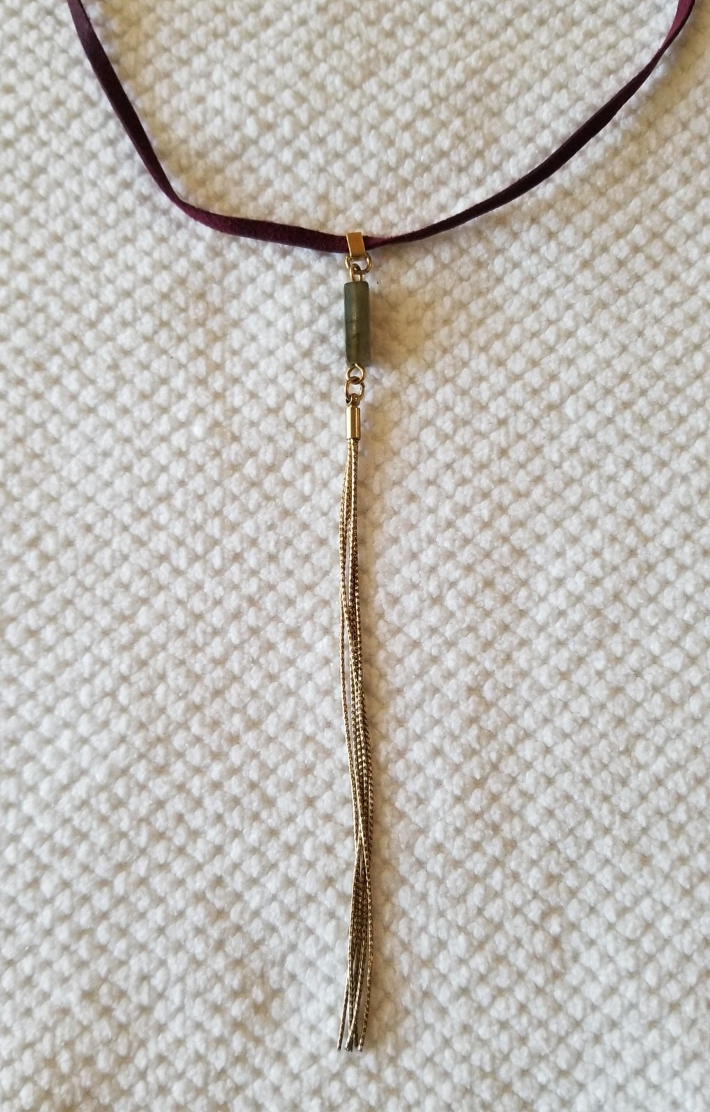 Karl Lagerfeld KL Signed Cord Lariat Stone & Chain Tassel Choker Necklace